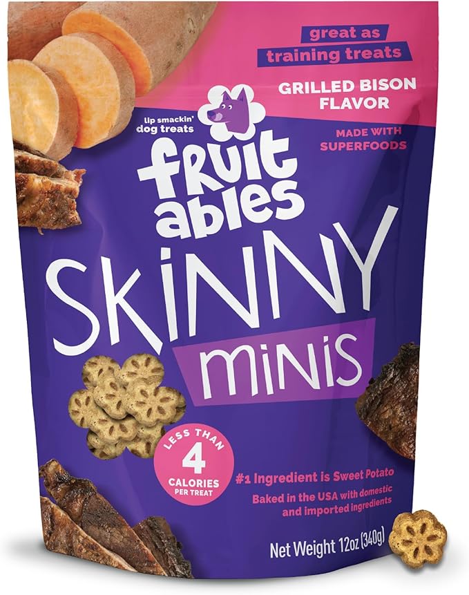 Fruitables Skinny Mini Dog Treats, Healthy Sweet Potato Treat for Dogs, Low Calorie & Delicious, Puppy Training, No Wheat, Corn or Soy, Made in The USA, Grilled Bison Flavor, 12oz