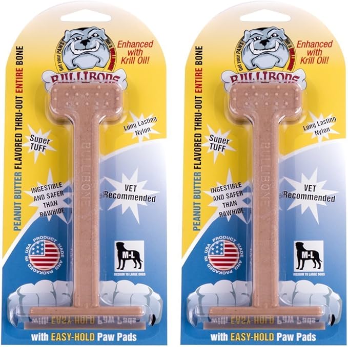 Bullibone Nylon Dog Chew Toy Nylon Bone - Improves Dental Hygiene, Easy to Grip Bottom, and Permeated with Flavor (Peanut Butter, Large - 2 Pack)