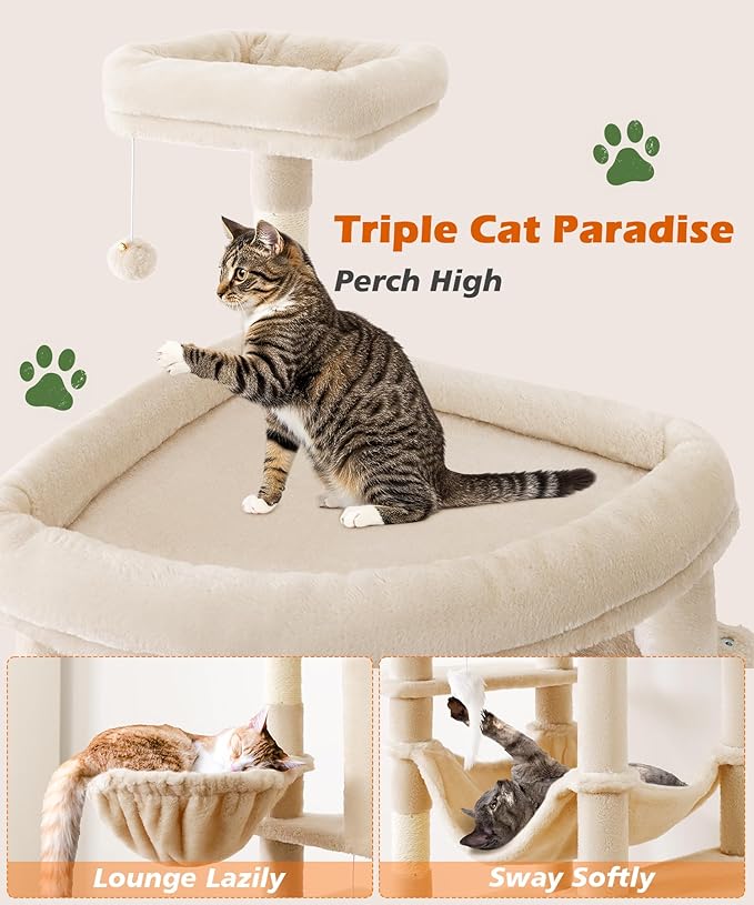 AMHANCIBLE Cat Tree, 83 Inch Large Multi-Level Tall Tower for Indoor Adult Cats, with Scratching Post and Board, Hammock, Condos, Hanging Basket, Activity Center to Play and Sleep, Beige, PT21BG