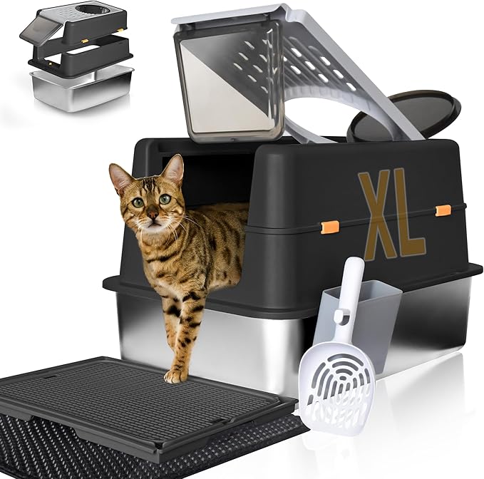 Stainless Steel Litter Box with Lid, XL Extra Large Metal Cat Litter Boxes for Big Cats Enclosed, Easy to Scoop with Litter Scoop Set, High Sides Enclosure Anti-Urine Leakage Non-Sticky, Black