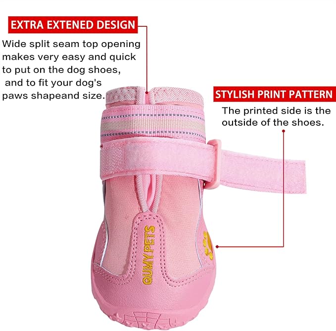 QUMY Dog Shoes for Large Dogs, Medium Dog Boots & Paw Protectors for Winter Snowy Day, Summer Hot Pavement, Waterproof in Rainy Weather, Outdoor Walking, Indoor Hardfloors Anti Slip Sole Pink 5