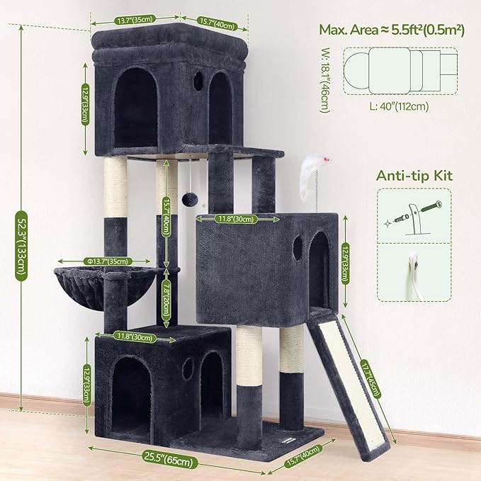 Globlazer Cat Tower for Multiple Indoor Cats, 52 inch Heavy Duty Cat Tree with 3 Condos, Plush Cat Condo with Scratching Posts and Pad for Adult Cats Kitten, Padded Perch, Basket Bed, F52B, Dark Grey