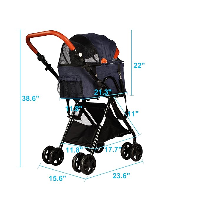 2 in 1 Pet Stroller, Detachable Pet Cart with 4 Wheels & Removable Carrier for Small Dog/Cat, Foldable Portable Waterproof Jogging Travel Carrier Cage w/Storage Basket & Adjustable Handle