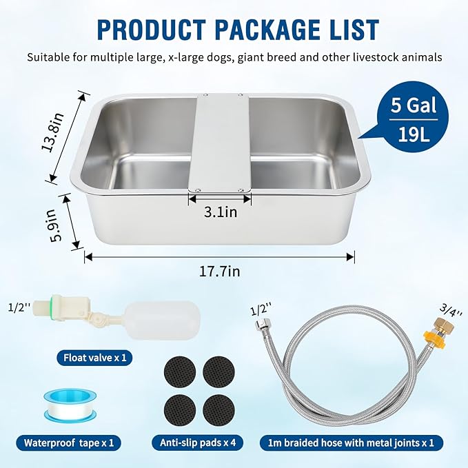 BWOGUE 5 Gal Automatic Dog Water Dispenser for Large Dogs Stainless Steel Outdoor Water Bowl Large Breed Self Filling Dog Waterer Feeder for Dogs Cat Chicken Livestock