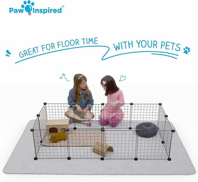 Paw Inspired 80x50 Inch Playpen Mat, Super Absorbent Fleece Cage Liner with Non-Slip Bottom, Waterproof Pet Play Pen Pad for Dogs, Rabbits, Guinea Pigs, Hamsters, Small Animals (Light Gray)