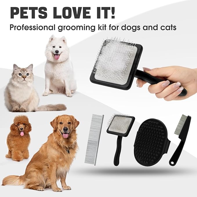 Dog Slicker Brush for Dogs Grooming Kit 4PCS | Large Dog Brush for Goldendoodles Poodles Doodles | Long Pin Haired Brush | Poodle Brushes and Comb (Black)