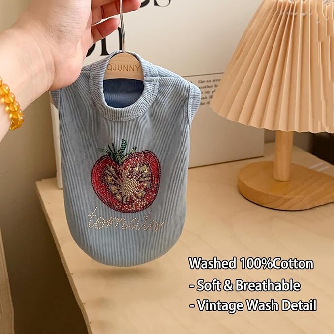 Washed Cotton Pet Vest with Rhinestone Fruit Designs, Soft & Stylish Small Dog Cat Vest for Spring Summer, Breathable & Shiny (Blue-Tomato, X-Large)