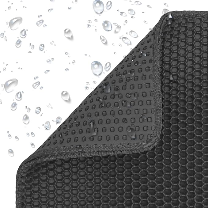 Cat Litter Mat Cat Litter Trapping Mat, 46 x 24 inch Honeycomb Double Layer Design, Urine and Water Proof Material, Scatter Control, Less Waste, Easier to Clean, Washable black