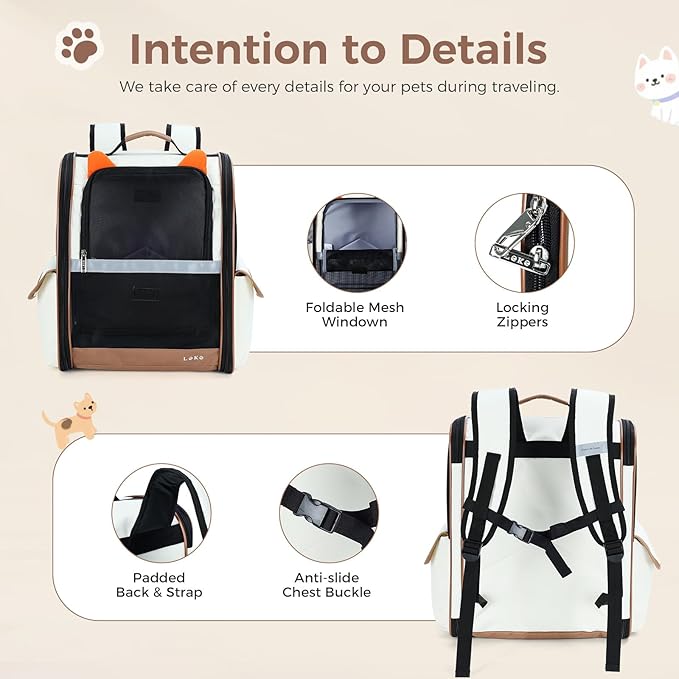 Lekereise Cat Backpack Carrier, Pet Carrier Backpack for Small Dogs Medium Cats Fit Up to 18 Lbs, Dogs Foldable Backpack Carrier for Travel, Hiking, Beige-Orange Ears