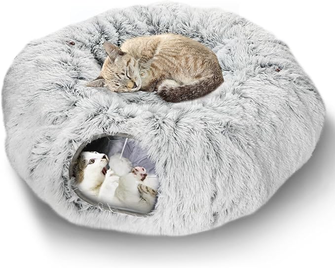 Plush Cat Tunnel Bed for Indoor Cats, Collapsible Cat Donut Tunnel with Central Mat, Fluffy Cats Cave Tube with Hanging Ball for Kitten Rabbit Puppy Ferret