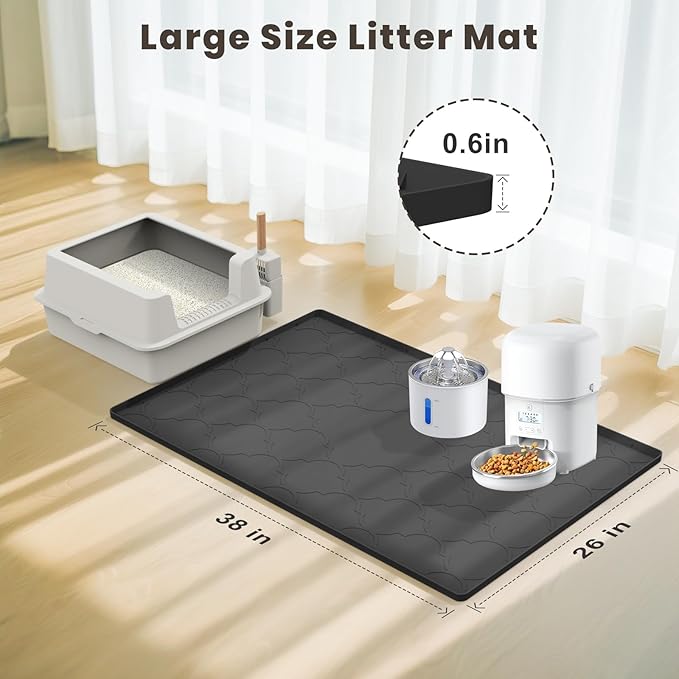 Cat Mat for Litter Box, 38" X 26" Large Silicone Cat Litter Trapping Mat, Easy Clean for Scatter Control, Soft on Kitty Paws, Waterproof, Urine-Proof, Non-Slip Kitty Litter Mat for Floor, Black