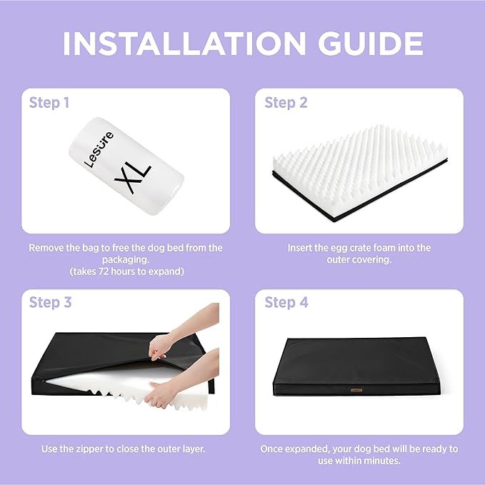 Lesure Outdoor Waterproof Dog Bed for Crate, Orthopedic Egg Crate Foam Pet Bed with Oxford Fabric Surface and Removable Cover, Machine Washable, 35''x22'', Black