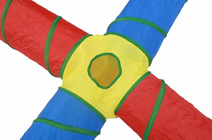 Cat Toys - 4-Way Tunnel for Indoor Cats with Peek Hole & 2 Mice - Large Foldable Rainbow Tube with Hanging Ball for Kittens, Rabbits, Small Dogs - Ideal Cat Toy