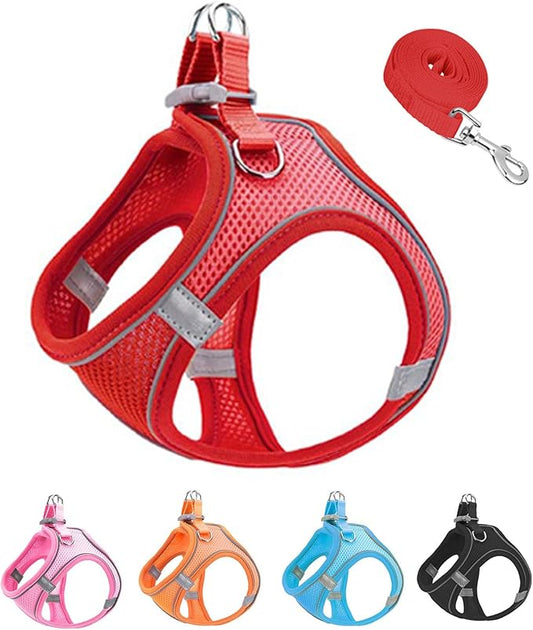 XXXS Red Soft Mesh Dog Harness and Leash Set,No Escape Puppy Harnesses for Training Walking， Reflective Adjustable Puppy Vest for Small Medium Dogs, Cats (Red, XXXS)