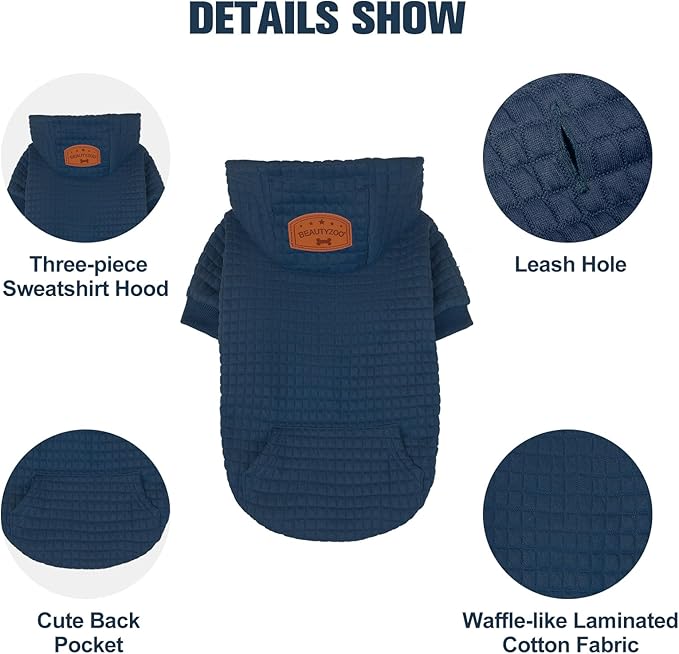 BEAUTYZOO Small Dog Hoodie Sweater with Pockets, Dog Clothes for Small Medium Dogs Boy Girl, Waffle-Like Laminated Cotton Pet Coats with Hat and Leash Hole, Navy Blue M
