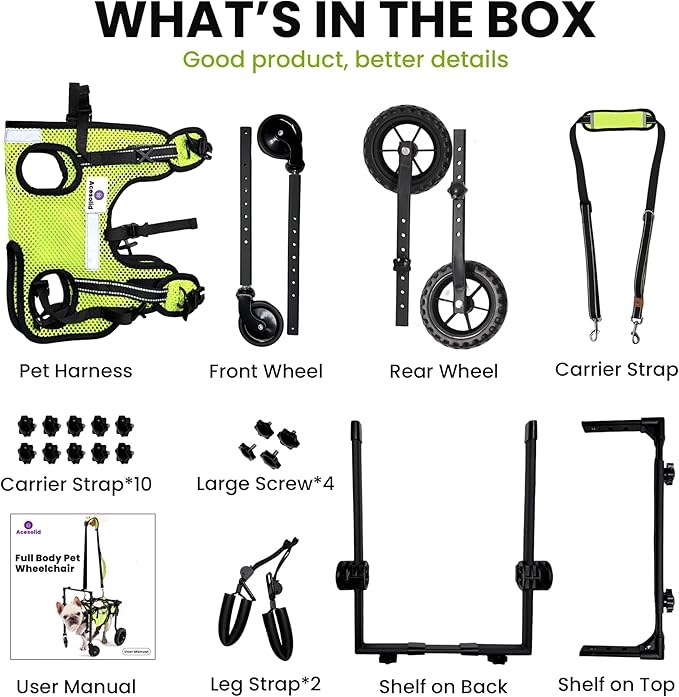 4 Wheels Dog Wheelchair for Front/Hind Legs - Mobility Aid for Small Dogs with Paralyzed, Injured, Post-Surgery or Senior Pets to Reclaim Mobility（4Wheels-S, for Small Breed Dog）