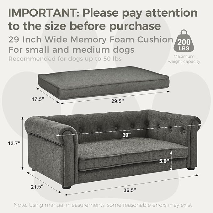 Dog Couch for Medium Dogs Up to 50 lbs, 29" W Memory Foam Dog Sofa Couch with Dry Cleanable Fabric, Elevated Dog Couch Bed with Legs, 39" Outer Edge Length, Furniture for Small and Medium Dogs - Grey