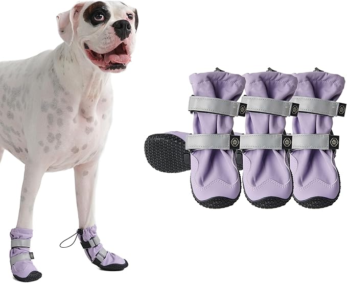 Spark Paws Dog Shoes, Waterproof Dog Boots for Medium to Large Dogs, Non Slip, Breathable Dog Booties and Paw Protectors - 4PCS Doggie Hiking Boots with Reflective Straps - Lilac - Size 7