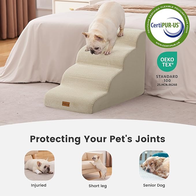 Gardner Pet Dog Stairs for Small Dogs 19.7" H, 4-Step Beige Curved Pet Stairs, Dog Steps for High Bed (18-24 in), Couch with Durable Non-Slip Waterproof Fabric Cover and CertiPUR-US Certified Foam