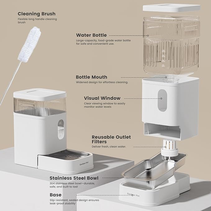 Gardner Pet Automatic Dog Water Dispenser Gravity Waterer with Stainless Steel Bowl Water Dispenser 8.5L Large Capacity Water Feeder with Filters for Dogs Cats Pets, BPA-Free Noise-Free (White, 8.5L)