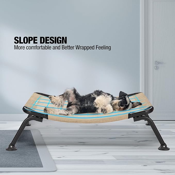 Veehoo Outdoor Elevated Dog Bed, Cooling Raised Dog Cot Bed XL, Portable Waterproof Curved Dogs Hammock Beds for Outside, up to 150lbs, Black Legs, Beige 49"