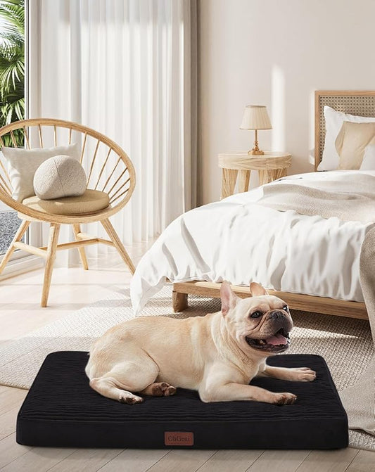 OhGeni Orthopedic Waterproof & Machine Washable Dog Bed for Small Medium Pets, Suitable for Crates, Cat Mat with 25D Egg Crate Foam, Removable Cover, 30 Inches(Black)