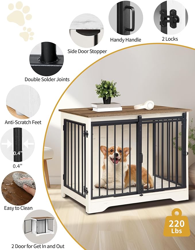 31.9" Dog Crate Furniture with Barn Door, Heavy Duty Dog Kennel Indoor with 2 Doors, Wooden Pet Cage End Table for Small Medium Dogs up to 44 lb, Anti-Chew Anti-Escape, White Brown DFC83614B