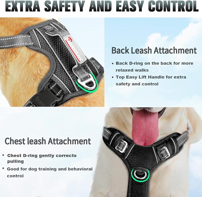 BARKBAY No Pull Dog Harness Large Reflective Dog Harness with Front Clip and Easy Control Handle for Walking Training Running with ID tag Pocket(Black,L)
