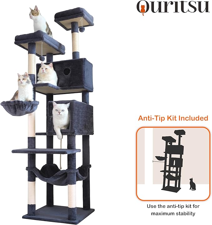 Ouritsu Cat Tree, 73.6 inch Tall Cat Climbing Tower for Large Cat Indoor with 2 Large Condos, 2 Widened Perches, Sisal Covered Scratching Posts, 2 Hammocks, Dark Gray, XLF001DG