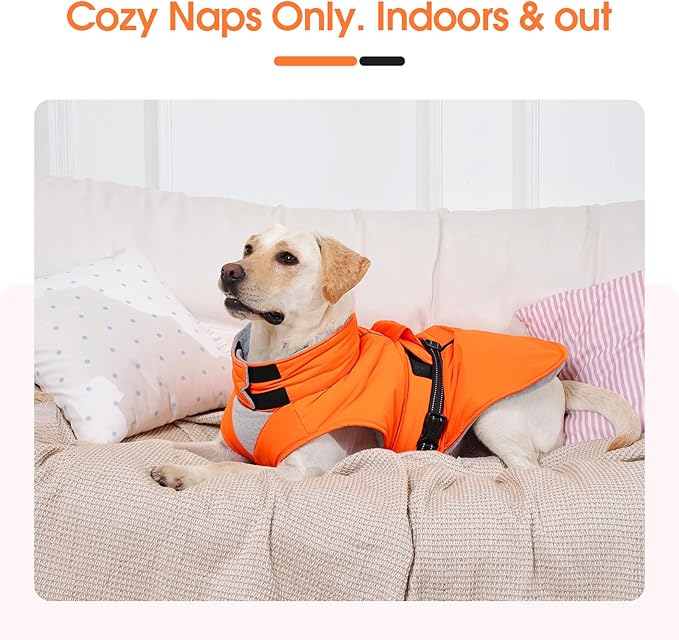 Large Dog Coat, Warm Dog Winter Jacket, Waterproof Dogs Snowsuit With Foldable High Collar, Reflective Strips, Leash Hole, And Adjustable Hook & Loop Closure - Ideal For Cold Weather - Orange L