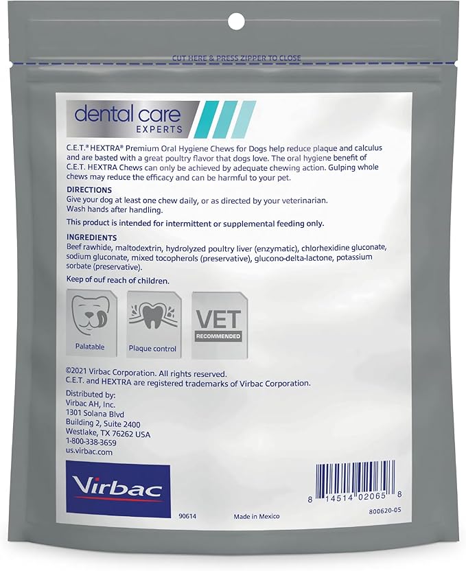 Virbac C.E.T. HEXtra Premium Oral Hygiene Chews for Dogs, 11-25 lbs, 8.5 Oz