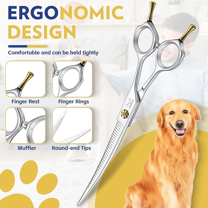 JASON 7" Dog Grooming Scissors - Up-curved Thinning Shears with 25%-30% Thinning Rate, Japanese 440C Stainless Steel Dog Blenders for Grooming with Adjustable Screw (32 Teeth, Silver)