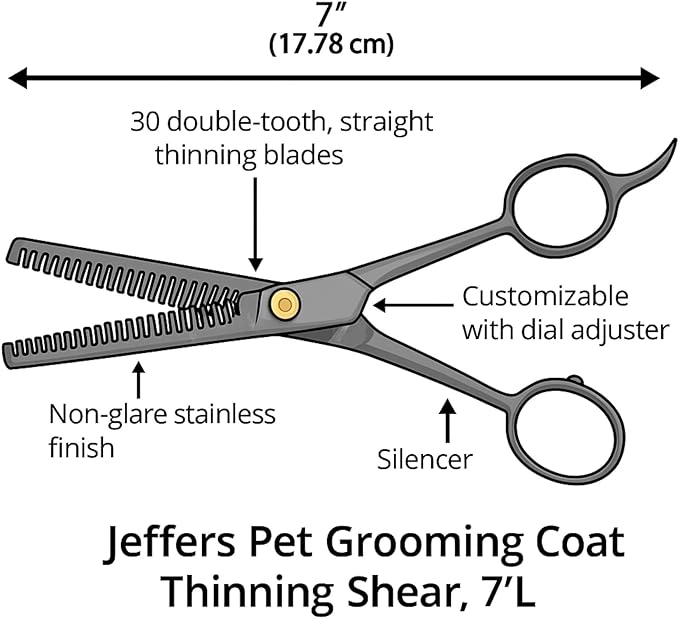 Jeffers Pet Grooming Thinning Shears for Dogs & Cats – 7 Inch Stainless Steel Blending Scissors with 30 Tooth Blade, Adjustable Tension, Finger Rest, Silent Grip – Coat, Fur, Hair Trimming Tool