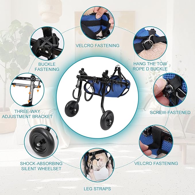 Dog Wheelchair for Back Legs with Pet Traction Rope, Small Wheelchair for Dogs with Disabled Hind Legs Walking Adjustable Dog Carts with Heavy Duty Wheels