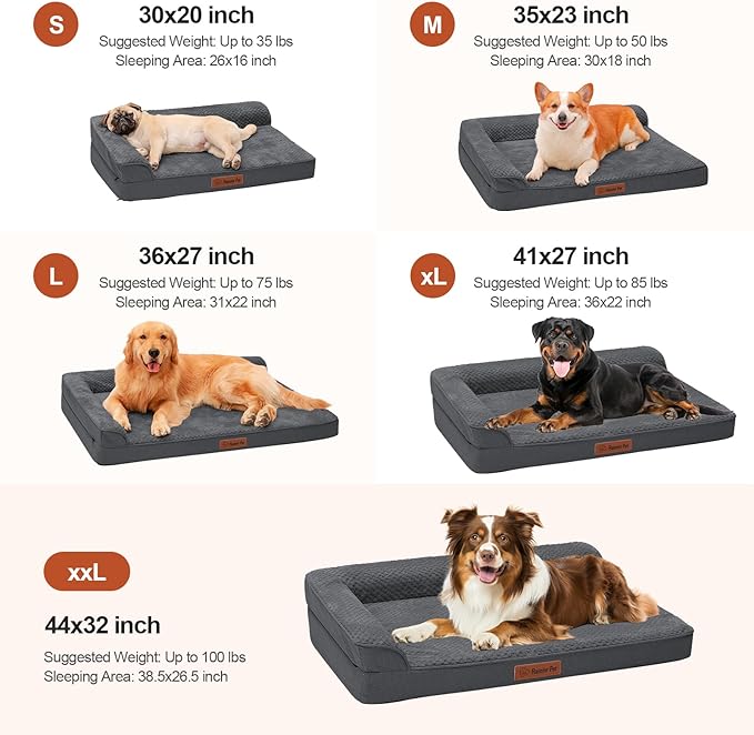 Orthopedic Dog Beds Large Sized Dog, Memory Foam Pet Bed for Large Dogs, Washable Removable Cover, Nonskid Bottom, Waterproof, 44x32x6 Inches, Dark Grey
