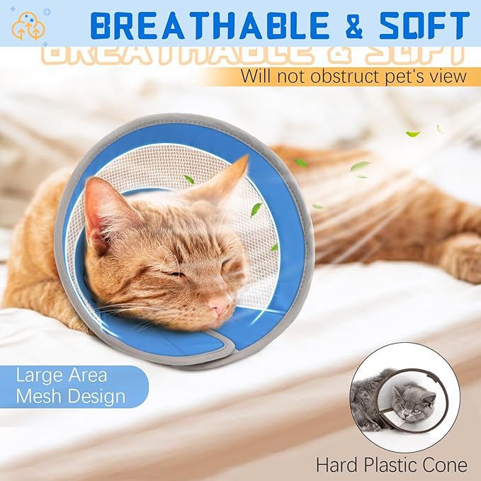 Breathable Air Mesh Cat Cone Collar Soft to Stop Licking, Adjustable, Foldable Lightweight Kitten Cones After Surgery Recovery for Cats & Kittens (Blue, S)