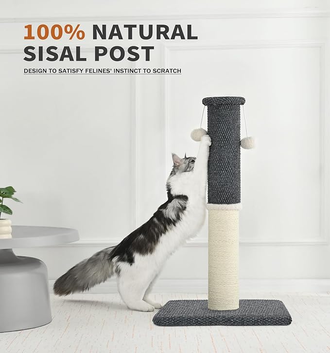 Made4Pets Tall Cat Scratching Post, Heavy Duty and Thicker Scratching Posts for Indoor Cats Adults, 23.6" Natural Sisal Cat Scratcher with Hanging Balls, Sturdy Base Cat Scratch Post, Dark Grey