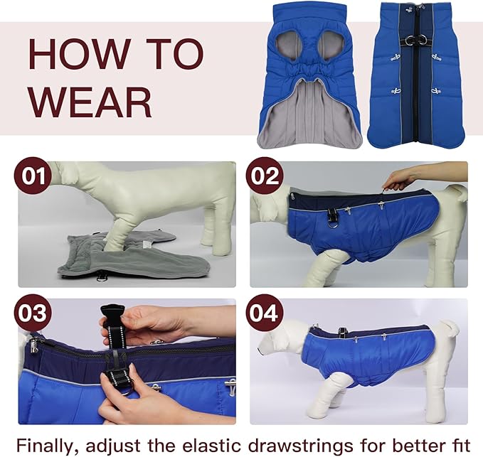 Medium Dog Coat - Warm Zip Up Snowsuit Dog Harness Vest, Reflective, Water-Resistant, Royal-Blue