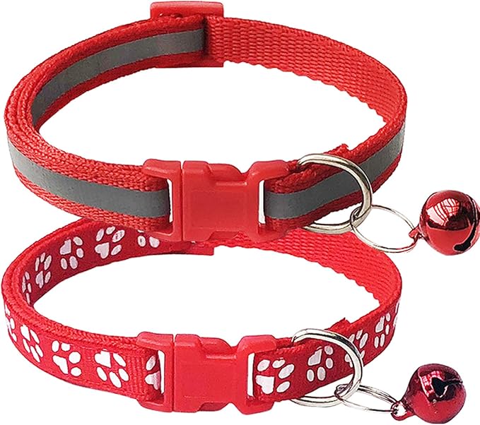 CHBORCHICEN 2-Pack Footprint & Reflective Cat Collar with Bell Basic Dog Cat Collar Buckle Adjustable Polyester Cat Dog Collar or Seatbelts (X-Small, Red)