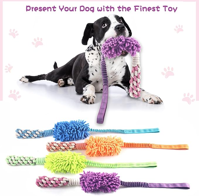 Dog Puppy Toys Dog Squeak Toys Plush Dog Toy with Dog Ropes Knots for Fun and Teeth Cleaning,Tug of War Toys, Puppy Chew Toys, Dog Rope Toys for Training Small, Large Dogs (Purple, Dog Bite Stick Toy)