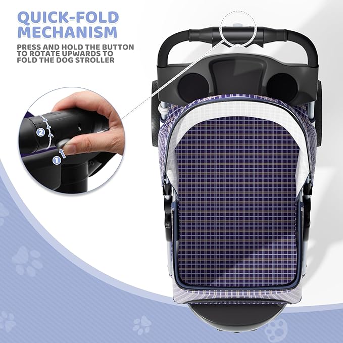 Magshion 3-Wheel Pet Stroller, Foldable Travel Jogger for Small & Medium Dogs & Cats (Up to 33lbs), Lightweight Carrier with Breathable Mesh Cover, Cup Holder & Storage Basket, Plaid