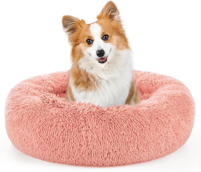 rabbitgoo Calming Dog Bed for Small Medium, 30 inches Pet Bed Machine Washable, Non-Slip Round Fluffy Plush Faux Fur Large Cat Cushion, Soft Donut Cuddler Cushion for Small Dogs, Pink