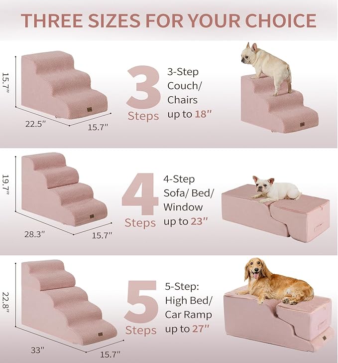 Made4Pets Dog Stairs Ramp for Small Dogs, 3-Step Dog Steps for Bed Couch Sofa and Chair, 35D Foam Pet Steps for Small Dogs and Cats, Non-Slip Bottom Pet Stairs, Pink