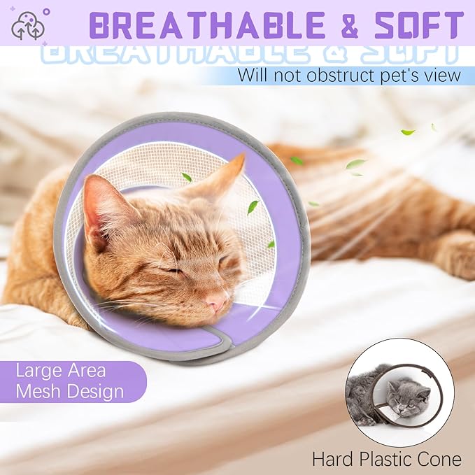 Breathable Air Mesh Cat Cone Collar Soft to Stop Licking, Adjustable, Foldable Lightweight Kitten Cones After Surgery Recovery for Cats & Kittens (Purple, S)