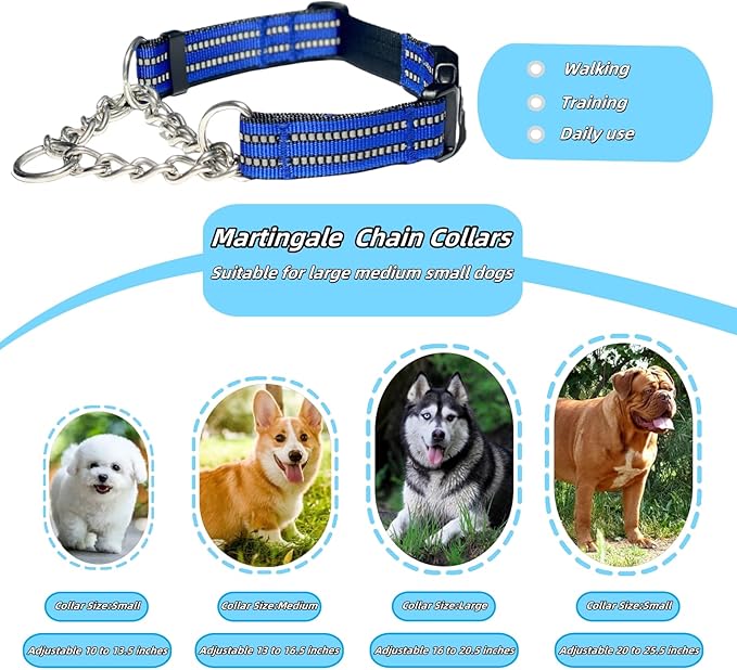 Martingale Dog Collars, Reflective Nylon Collar with Stainless Steel Chain, Adjustable Walking Training Dog Collars with Quick Release Buckle, Suitable for Small Medium Large Dogs(Blue,XL)