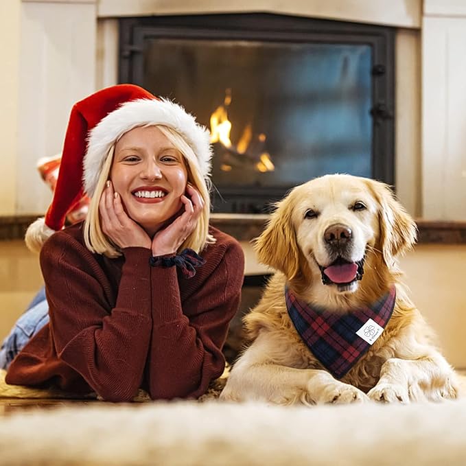 E-Clover Christmas Red Dog Bandanas & Matching Scrunchie Set Plaid Dog Scarf Bibs for Medium Large Dogs Girl Boy Pet Owner Gift Blue