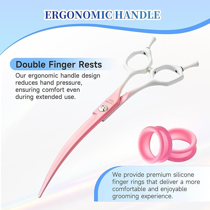 Curved Dog Grooming Scissors Pink to White Gradient 440C Stainless Steel Pet Grooming Shears Sharp Durable Dog Shears for Professional or Home Use Ergonomic Handle with 2 Silicone Finger Rings