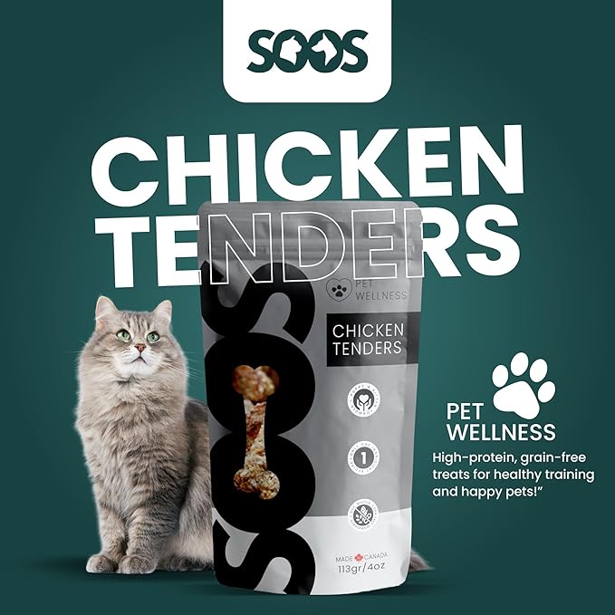 SOOS Natural Chicken Tenders Treats for Dogs & Cats - High Protein, Grain Free, Vitamin Minerals, Healthy Training Treats - 113g