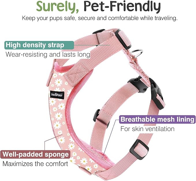 Dog Seat Belt, Safety Vest Dog Car Harness with Adjustable Buckle Dog Seat Belt for Vehicle Nylon Pet Safety Seat Belts Heavy Duty(M, Pink Daisy)