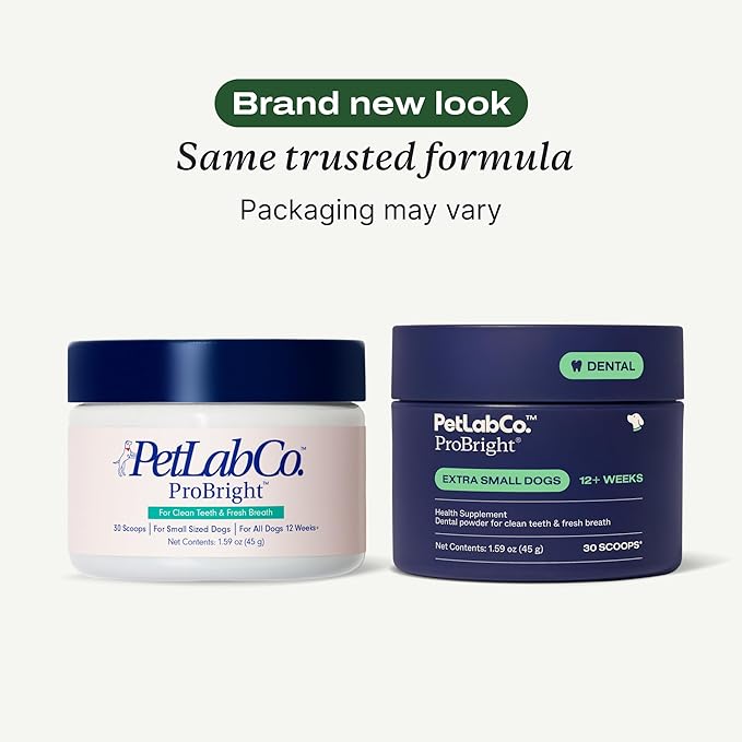 PetLab Co. ProBright Dental Powder - Dog Breath Freshener - Teeth Cleaning Made Easy – Targets Tartar & Bad Breath - Formulated for Extra Small Dogs - Packaging May Vary